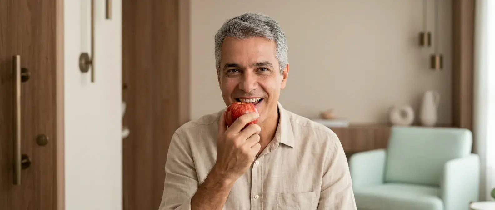 Homem sorrindo enquanto morde uma maçã