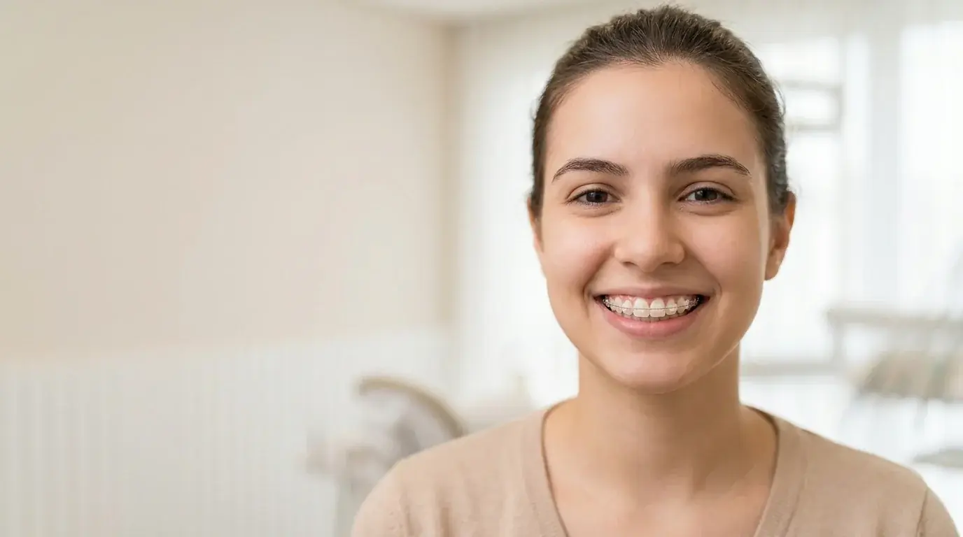 Jovem sorrindo com aparelho estético